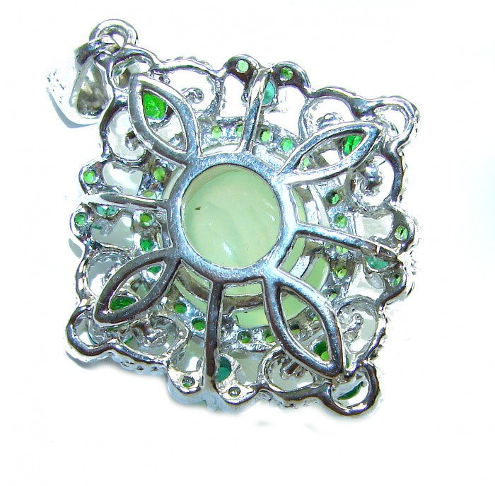 Celtic Spirit authentic fancy cut 14.5 carat Prehnite Emerald .925 Sterling Silver handcrafted Statement Pendant - Intricate silver pendant with green Prehnite stone, top view.