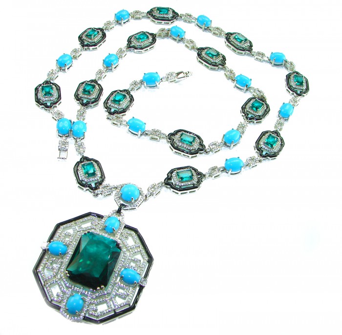Art Deco - Pacifica - 168.4 carat Turquoise Aquamarine .925 Sterling Silver handmade Statement necklace; 24 inches long - Art Deco necklace with turquoise aquamarine stones, detailed full view.