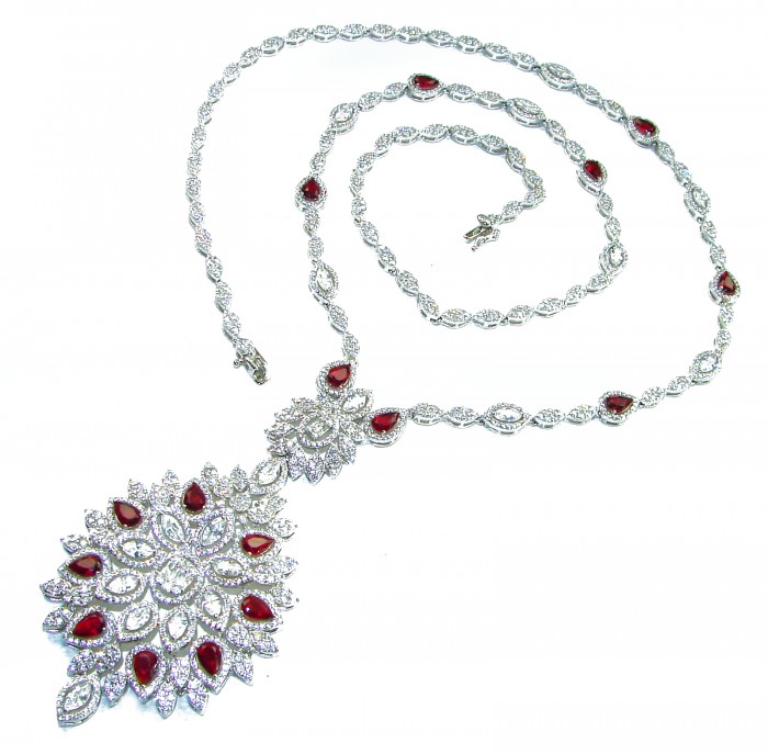 Luxurious - "Affair of the Diamond" - marquise cut 157.9 carat White Topaz .925 Sterling Silver handcrafted Necklace; 28 inches long - Elegant necklace with red stones and diamonds, top view.