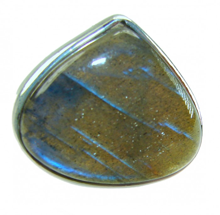 Shimmering Natural Labradorite .925 Sterling Silver handcrafted Large ring size 8 adjustable - Close-up of shimmering labradorite in .925 sterling silver setting