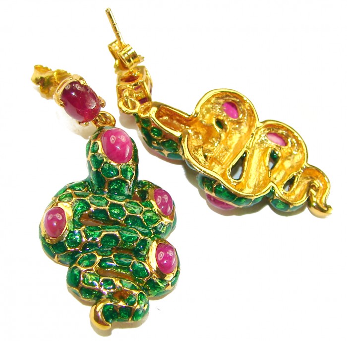 Green Snakes Genuine Enamel Ruby 18K Gold over .925 Sterling Silver handcrafted Earrings - Green snake earrings with rubies, top view showing gold detailing