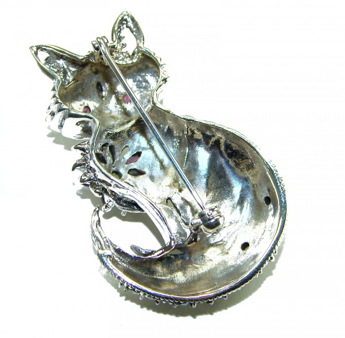 Fox - Natural Ruby .925 Sterling Silver handmade Pendant Brooch - Back view of fox-shaped sterling silver pendant showing clasp detail.