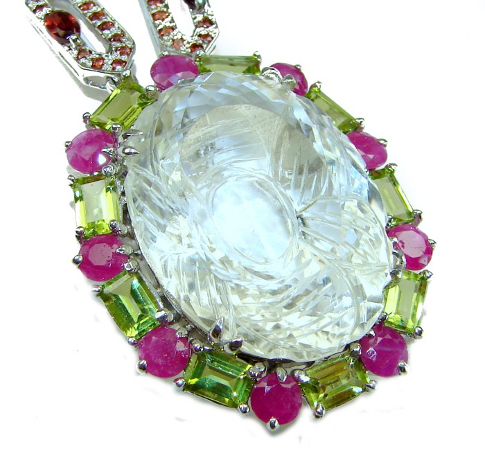 Giovanna Great quality authentic 39.5 carat White Topaz .925 Sterling Silver handmade handcrafted Necklace - Close-up of a gemstone necklace featuring white topaz and colored stones.