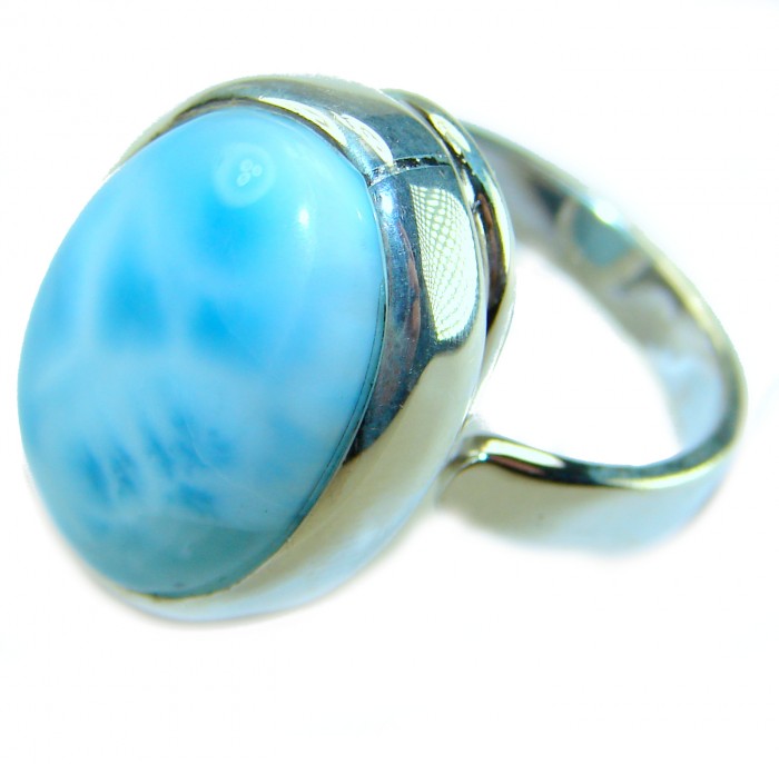 Large 14.9 carat Blue Perfection Blue Larimar .925 Sterling Silver handmade Large ring size 7 adjustable - Close-up of large blue larimar stone on .925 sterling silver ring.