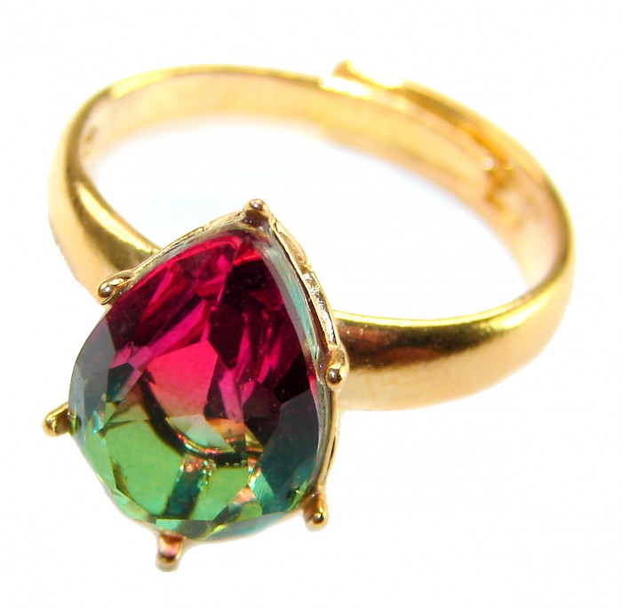 6.8 carat Brazilian Tourmaline .925 Sterling Silver dipped in 18K Gold Perfectly handcrafted Ring s. 8 adjustable - Close-up of 6.8 carat Brazilian Tourmaline ring in gold setting.