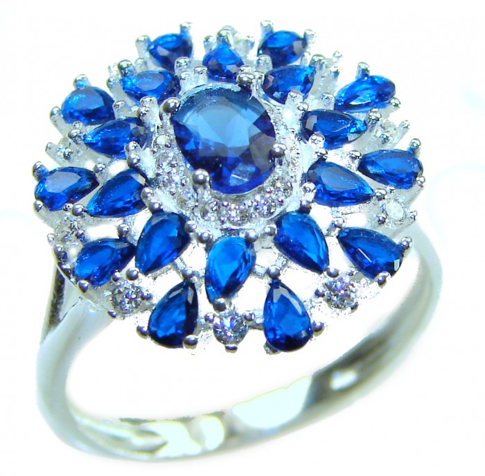 Genuine 10.2 CARAT Sapphire .925 Sterling Silver Large Statement Ring size 7 3/4 - Close-up of large sapphire and sterling silver ring.