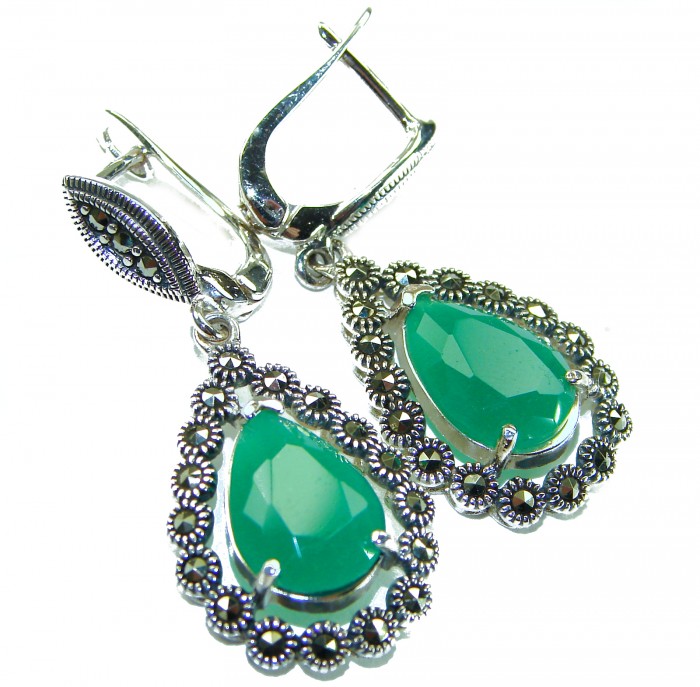 Stella - Very Unique authentic 12.5 carat Jade .925 Sterling Silver handcrafted earrings - Close-up of jade earrings with intricate silver detailing