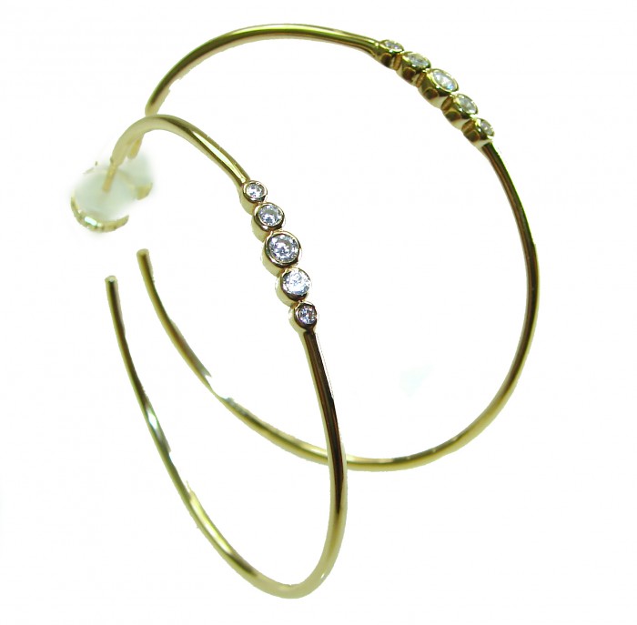 Allure Natural 4.2 carat White Topaz .925 Sterling Silver dipped in 18K Gold handcrafted hoop earrings 1 7/8 inch long - Gold hoop earrings with white topaz stones, side view.
