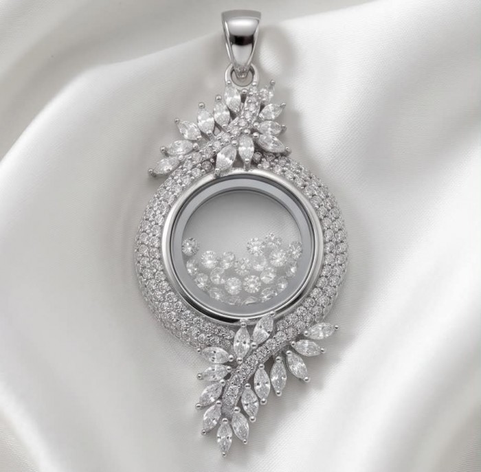 Floating Memories 10.5 carat White Topaz .925 Sterling Silver Handcrafted Statement pendant - Pendant with floating stones, top view, white topaz, sterling silver.