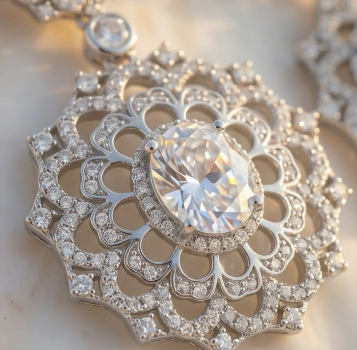 Elizabeth Natural 8.2 carat White Topaz .925 Sterling Silver handcrafted earrings - Close-up of Elizabeth White Topaz pendant in sterling silver.