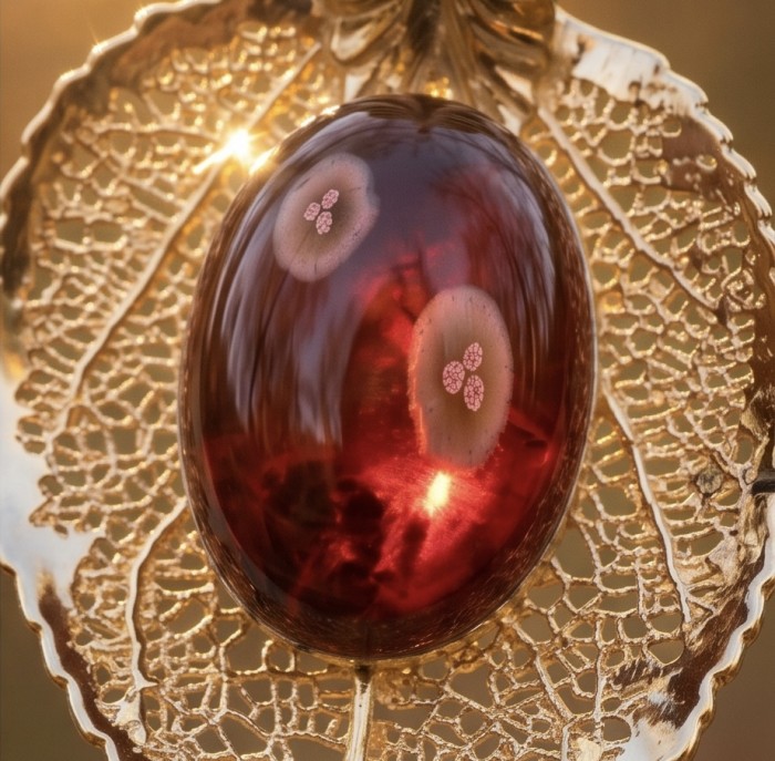 Real Leaf dipped in Sterling silver and gold Genuine 14.8 carat Garnet .925 Sterling Silver handcrafted Statement pendant - Close-up of gemstone set in gold-dipped leaf pendant.