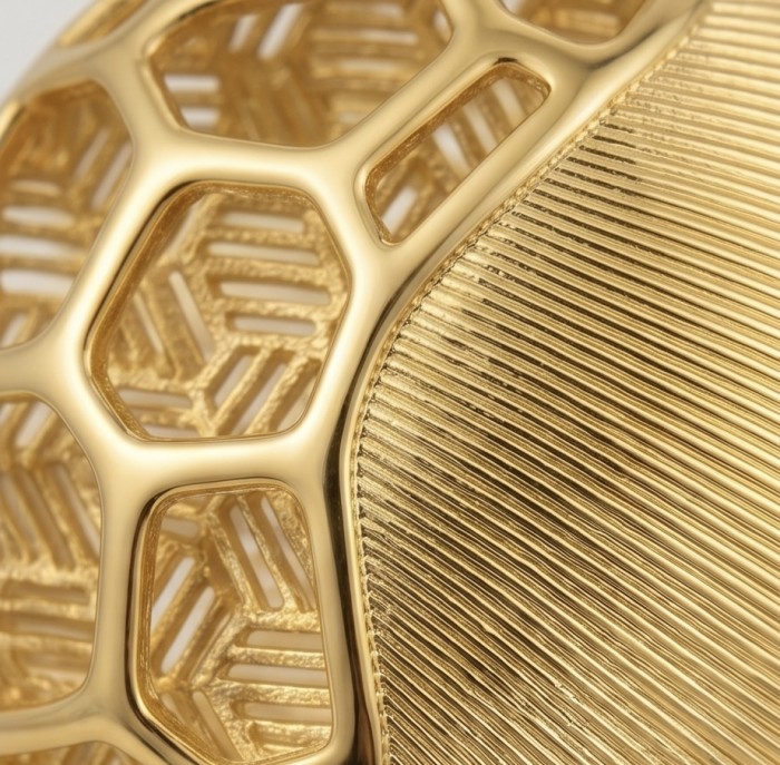 Dubai Style - Golden SPHERES .925 Sterling Silver dipped in 22K Gold handmade Large Earrings - Close-up of geometric pattern on gold-plated jewelry piece.