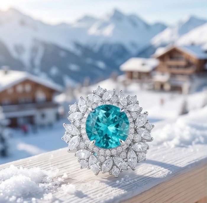 Wonderland 7.5 carat Brazilian Paraiba Tourmaline .925 Sterling Silver Handcrafted Ring size 5 - Close-up of Wonderland 7.5ct Paraiba Tourmaline ring in snowy mountains.