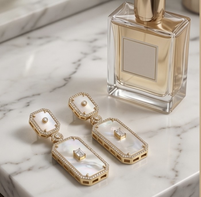 Genuine Blister Pearl lab grown Diamond 18K Gold over .925 Sterling Silver handcrafted Large Statement Earrings - Elegant earrings with perfume on marble, top view.