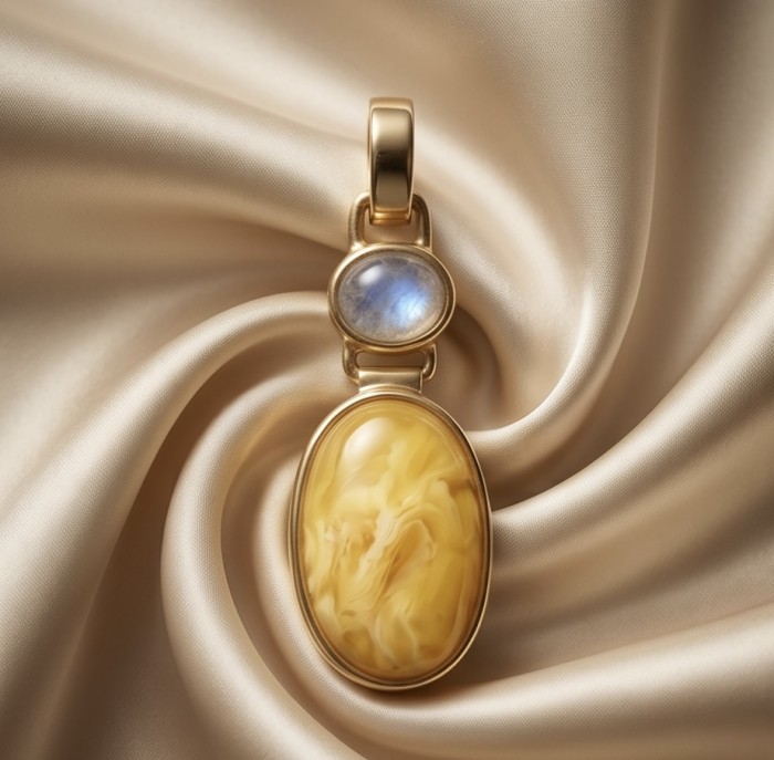 Prehistoric Authentic Golden Butterscotch Baltic Amber 18K Gold over .925 Sterling Silver beautifully handcrafted Pendant - Golden Baltic amber pendant on silk fabric, front view close-up