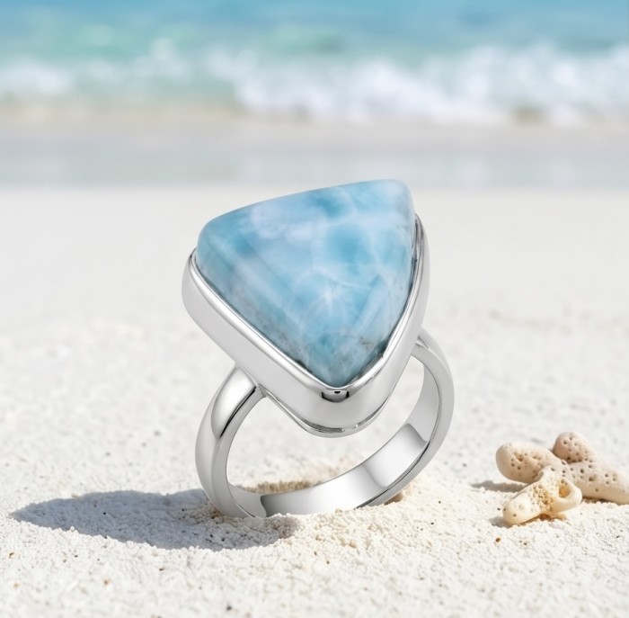 Paradise 18.9 carat natural Larimar .925 Sterling Silver handmade Large ring size 8 adjustable - Close-up of a triangle-shaped Larimar ring on a sandy beach background.