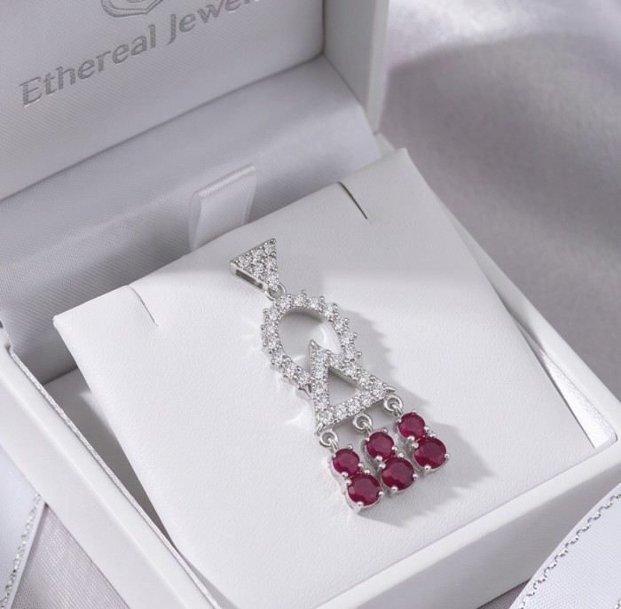 Precious - Art Deco 8.2 carat Ruby rhodium over .925 Sterling Silver handmade earrings - Art Deco ruby pendant in box, top view, rhodium over .925 sterling.