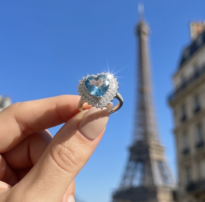 Angels's Heart 6.5 carat genuine Swiss Blue Topaz .925 Sterling Silver handmade Statement Ring size 6 adjustable - Close-up of heart-shaped blue topaz ring with Eiffel Tower in background