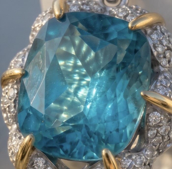 Rio Grande do Norte - Brazilian's Briliance - oval cut 19.7 carat Paraiba Tourmaline 2 tones .925 Sterling Silver handcrafted necklace - Close-up of turquoise oval-cut gemstone with diamond accents and gold prongs.