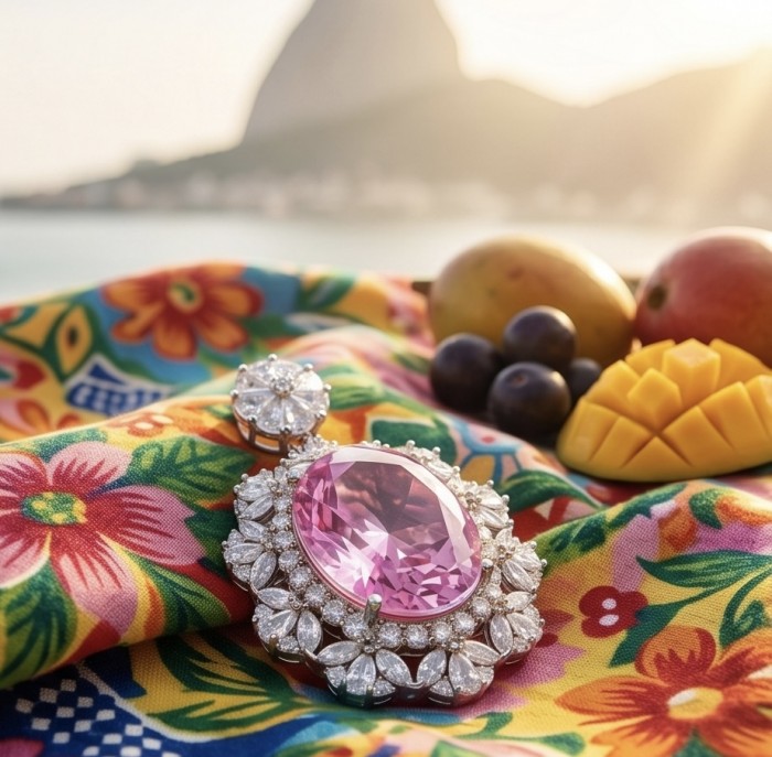 Tiffany Incredible oval cut 20.4 carat Pink Sapphire .925 Sterling Silver handcrafted pendant - Close-up of Tiffany oval cut 20.4 carat pink sapphire on floral fabric
