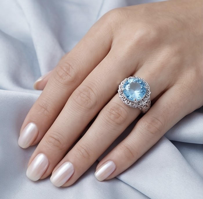 Poseidon 18.8 carat Swiss Blue Topaz .925 Sterling Silver dipped in rhodium handcrafted Large ring size 8 - Swiss Blue Topaz ring worn on hand, showcasing stone and silver details