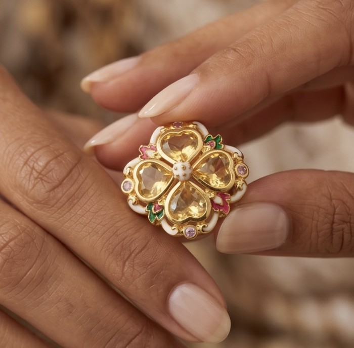 Yellow Clover 10.2 carat Brazilian Citrine Enamel .925 Sterling Silver dipped in real 22K Gold handcrafted HUGE ring; s. 7 - Close-up of Yellow Clover Citrine Enamel jewelry held between fingers.
