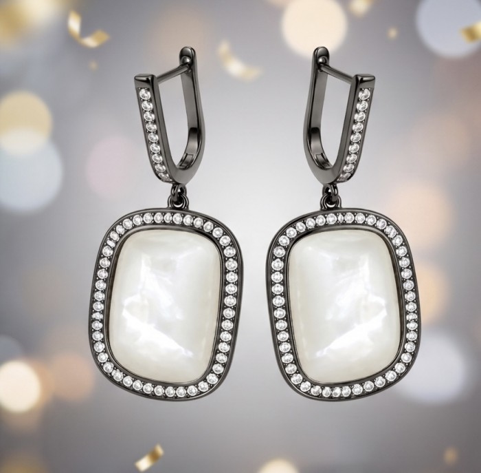 Top quality Sublime Blister Pearl black rhodium over .925 Sterling Silver handcrafted Earrings - Front view of earrings with pearls and rhinestone accents.