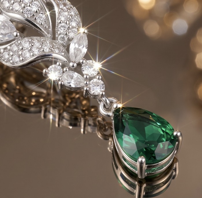 Valentina 2.2 carat Emerald .925 Sterling Silver dipped in rhodium Statement handcrafted earrings - Close-up of Valentina 2.2 carat Emerald in sterling silver setting.