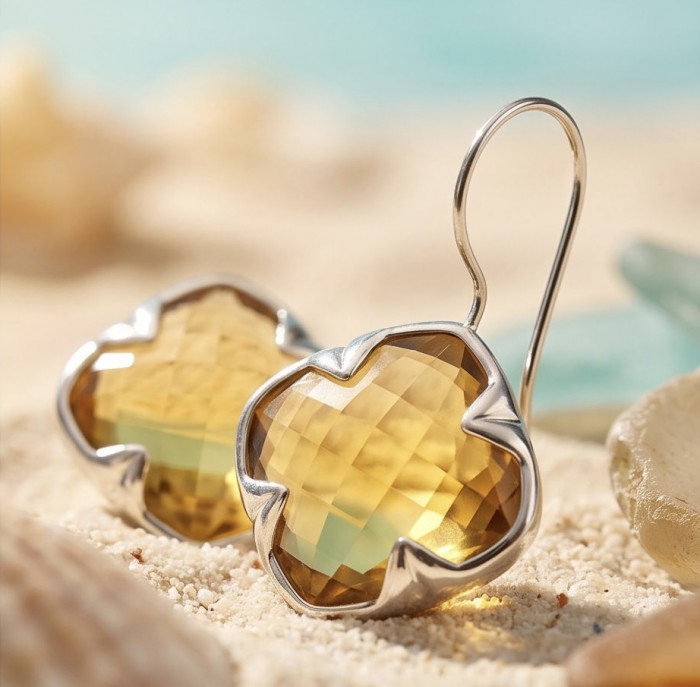 Colden Clover 22.5 carat Champagne Smoky Topaz .925 Sterling Silver handmade Earrings - Close-up of Colden Clover earrings with champagne smoky topaz stones