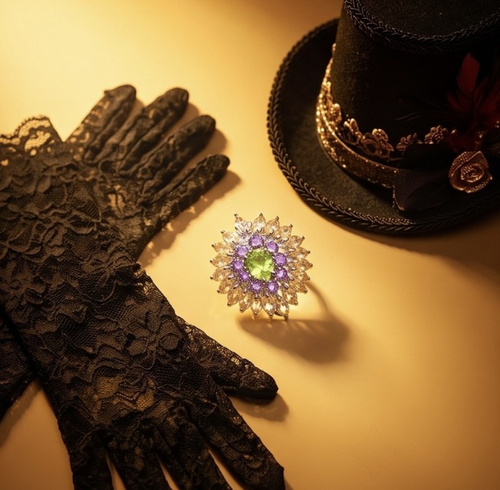 Isabel Authentic 19.2 carat Peridot from Arizona .925 Sterling Silver handmade Ring s. 9 - Lace gloves and top hat with Isabel 19.2 carat Peridot ring on table.