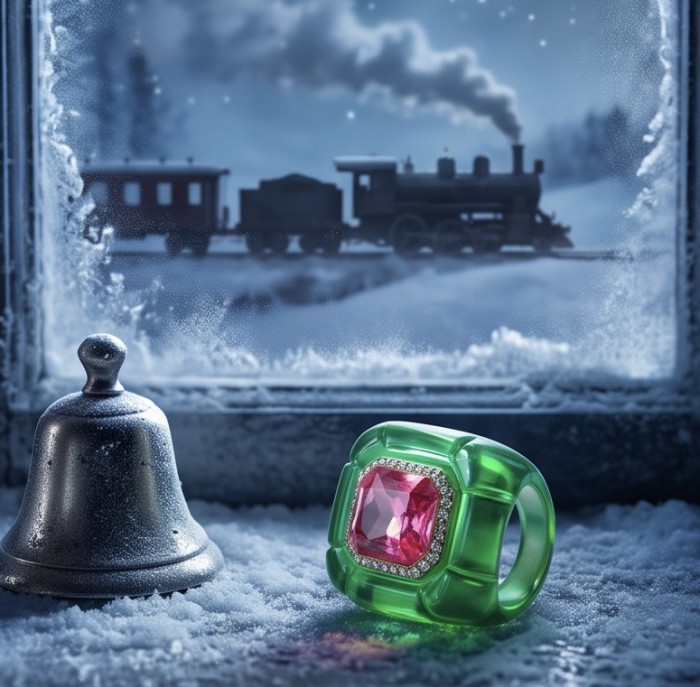 Candy Store - Modern Design Natural Green Raisin Pink Topaz .925 Sterling Silver ring size 8 1/2 - Ring with pink topaz and green resin against icy train window background.