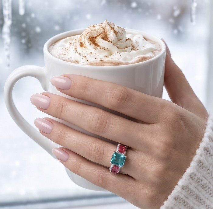 Authentic 6.7 carat Green Topaz .925 Sterling Silver Perfectly handcrafted Ring s. 8 adjustable - Green topaz ring worn on hand holding a warm beverage.