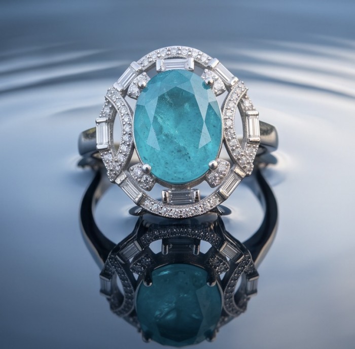 Elizabeth oval cut 11.8 carat Colombian Emerald .925 Sterling Silver dipped in Rhodium handcrafted Ring size 8 - Close-up of Elizabeth oval cut Colombian emerald ring with diamonds
