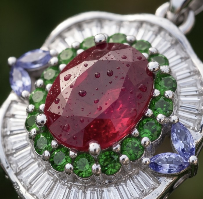 Rose Garden 8.2 carat authentic Mozambique Ruby .925 Sterling Silver handmade Pendant - Close-up of Rose Garden 8.2 carat Mozambique Ruby in .925 silver setting.