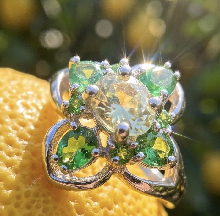 Stella 3.2 carat Brazilian Citrine .925 Sterling Silver dipped in 14K Gold handcrafted ring; s. 6 - Close-up of Stella ring with citrine and green stones on a yellow surface