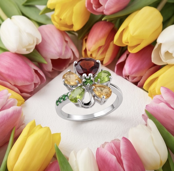 Red Heart 8.1 carat Multigem rhodium over .925 Sterling Silver Handcrafted Ring size 8 - Colorful gemstone ring surrounded by tulips, top view.