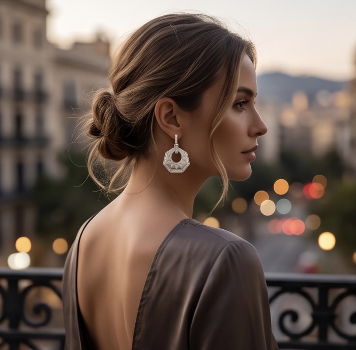 Modern design Natural 0.5 carat White Topaz .925 Sterling Silver handcrafted earrings - Side view of woman wearing white topaz sterling silver earrings
