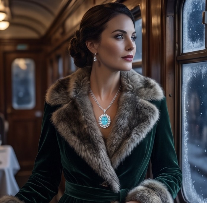 Brazilian's Briliance - oval cut 24.7 carat Paraiba Tourmaline .925 Sterling Silver handcrafted necklace - Woman wearing Brazilian's Brilliance necklace on a train, side view.