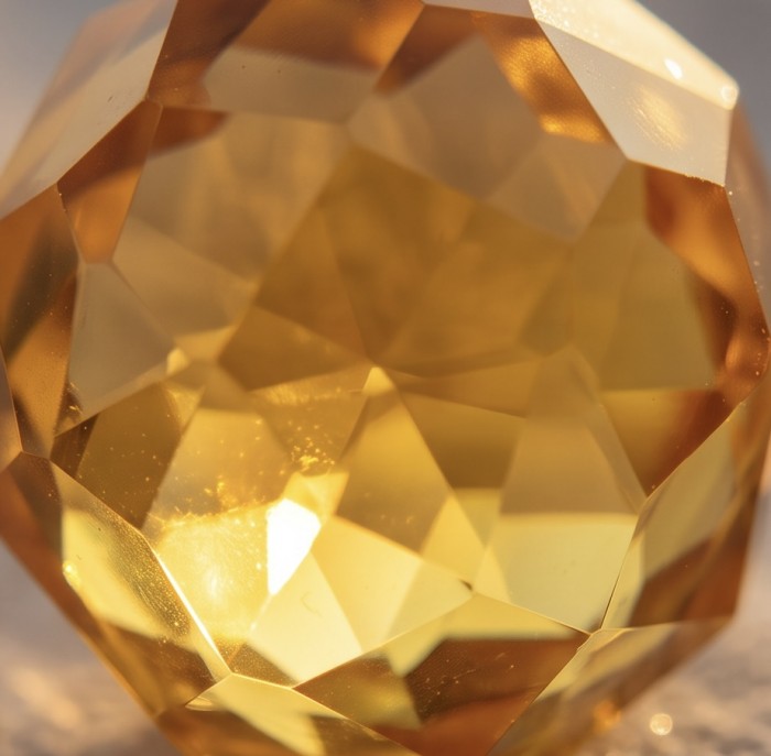 Modern Concept Golden Sphere - Natural faceted Baltic Amber .925 Sterling Silver ring s. 6 - Close-up of faceted Baltic amber sphere showing light reflections.