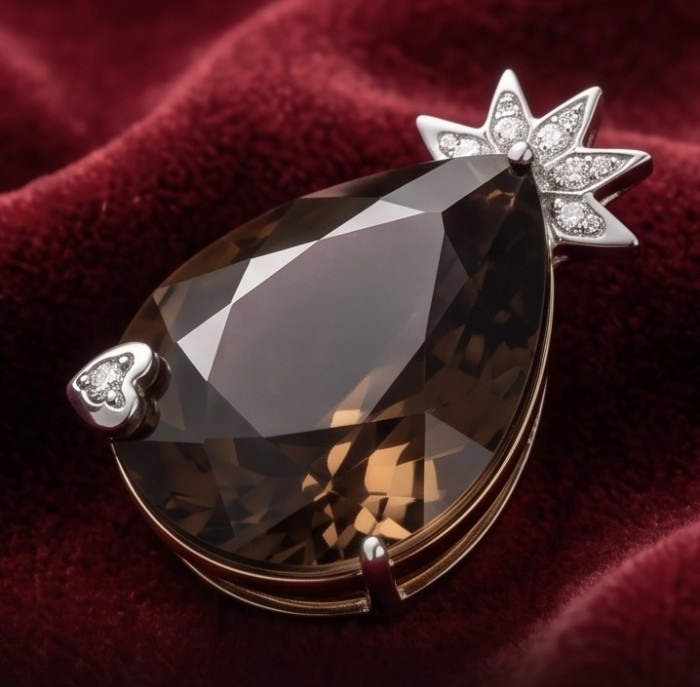 25.2 carat Brazilian Smoky Topaz .925 Sterling Silver dipped in black Rhodium handmade Pendant - Close-up of 25.2 carat Brazilian Smoky Topaz in sterling silver setting.
