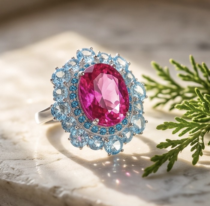 Anastasia 28.2 carat Pink Sapphire .925 Sterling Silver dipped in Rhodium Handcrafted Statement Ring size 8 - Close-up of Anastasia 28.2 carat pink sapphire ring with blue accents.