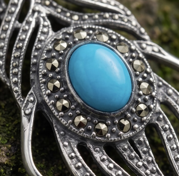 Valentina 12.9 carat Natural TURQUOISE .925 Sterling Silver dipped in RHODIUM handcrafted earrings - Close-up of turquoise and sterling silver pendant detailing.