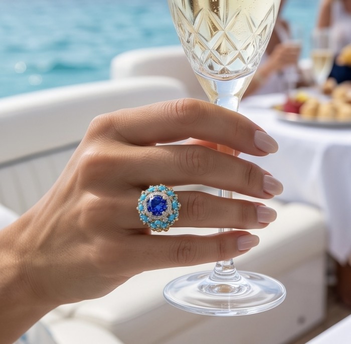 Blue Rhapsody - 16.5 carat natural Colombian Sapphire .925 Sterling Silver dipped in 22K Gold handcrafted Large Statement Ring size 7 1/4 - Sapphire ring worn on hand, close-up with a champagne glass in view.