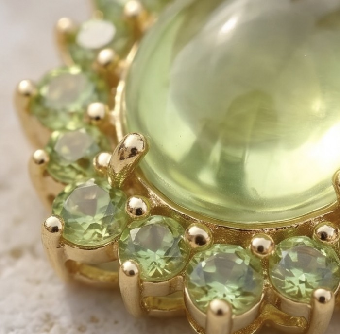Wise Bliss Authentic 10.5 carat Prehnite 3.2 carat Peridot 22k Gold over .925 Sterling Silver handmade earrings - Close-up of prehnite and peridot stones in gold setting.