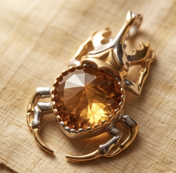 Authentic 15.9 catat Champagne Topaz Scarabaeus 18K Gold over .925 Sterling Silver handmade Pendant - Close-up of Champagne Topaz Scarab pendant in 18K gold.
