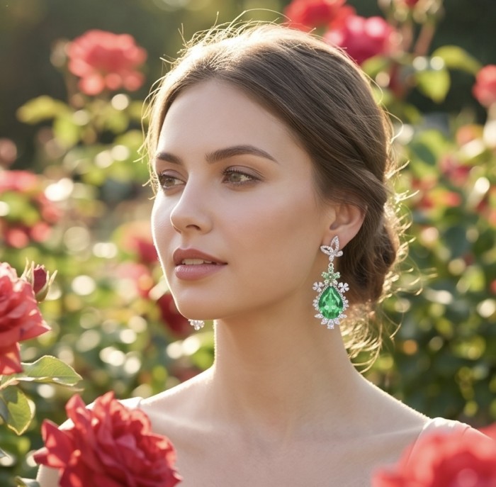Green Cascade - 18.5 carat Green Topaz rhodium over .925 Sterling Silver handmade Statement earrings - Woman wearing Green Cascade earrings with roses in background