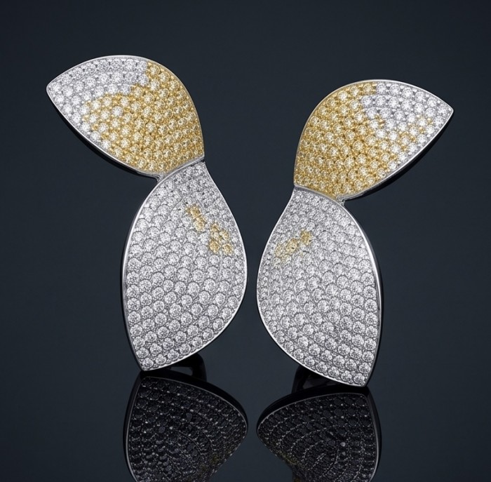 Precious Leaves 4.2 carat pave White Golden Topaz .925 Sterling Silver Handcrafted Statement earrings - Front view of Precious Leaves earrings with white and golden topaz.
