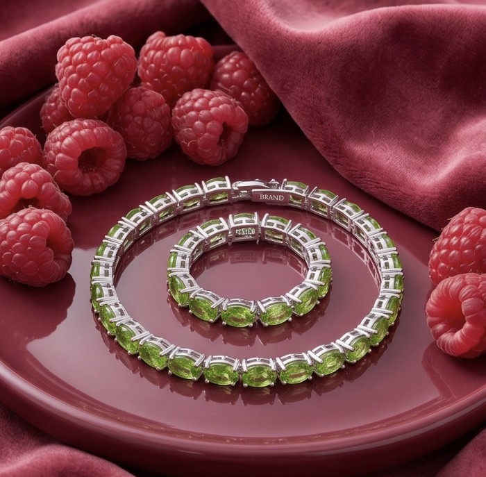 Vittoria Natural 27.7 carat Brazilian Peridot Rhodium over .925 Sterling Silver handmade Statement Bracelet - Vittoria bracelet with peridot on a plate with raspberries, top view.