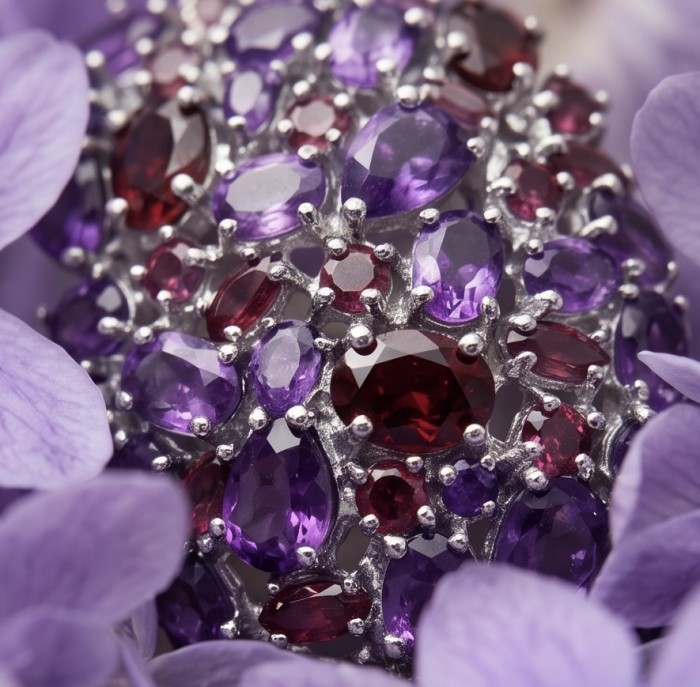 Giuseppina - Authentic 49.5 carat Amethyst Garnet rhodium over .925 Sterling Silver handcrafted Massive Statement Ring size 9 - Close-up of Giuseppina Amethyst Garnet jewelry amidst purple flowers.