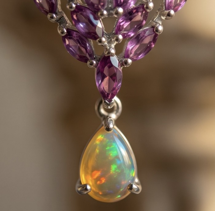 María Rosa - Natural 6.2 carat Garnet Fire Opal .925 Sterling Silver handcrafted Statement earrings - Close-up of garnet and fire opal pendant with silver setting.